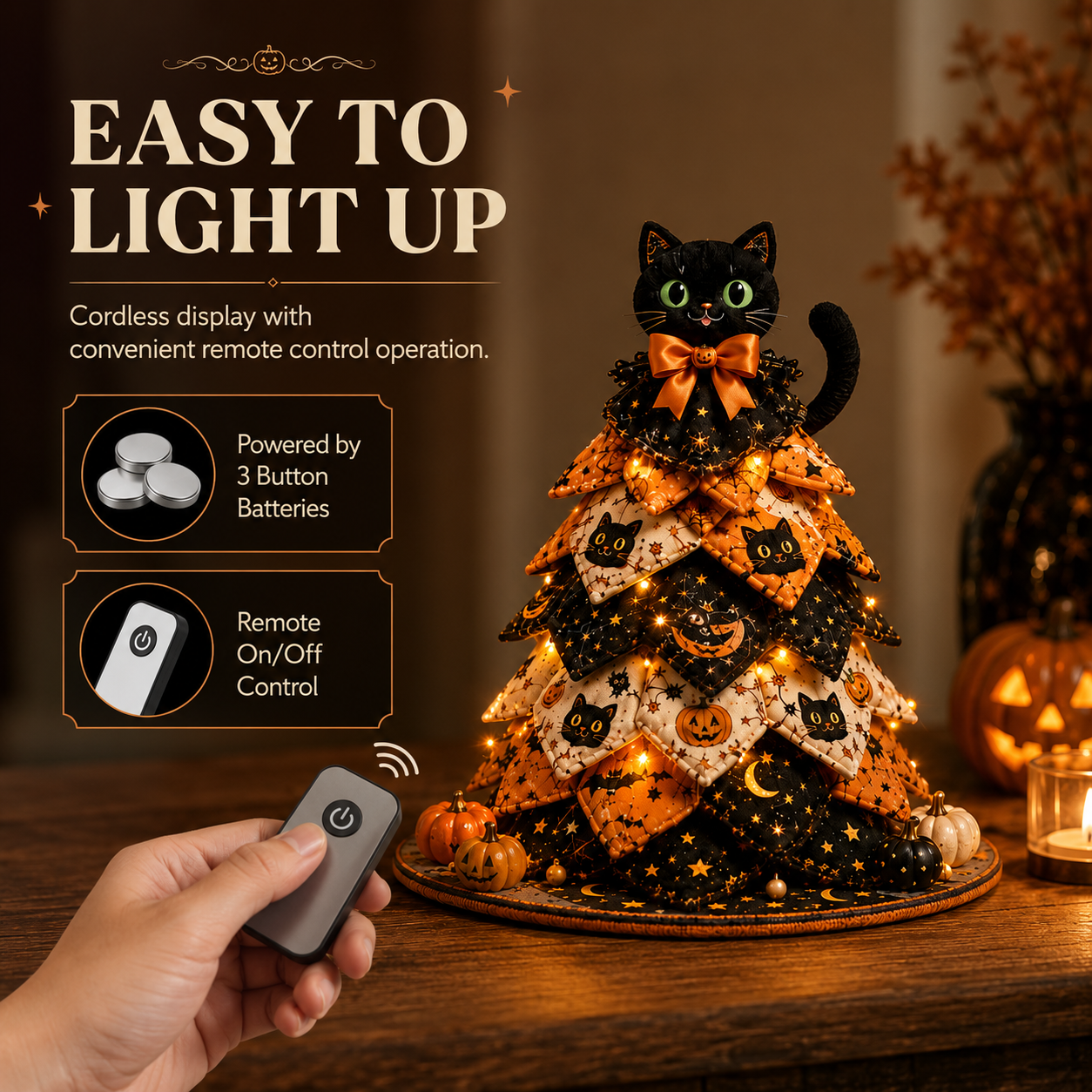Light-Up Halloween Black Cat Fabric Tree Decoration with Remote Control 🐈‍⬛🎃✨