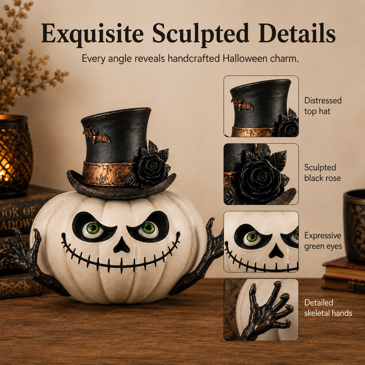 Gothic Top Hat Skull Pumpkin Resin Figurine – Halloween Tabletop Decoration 🦇