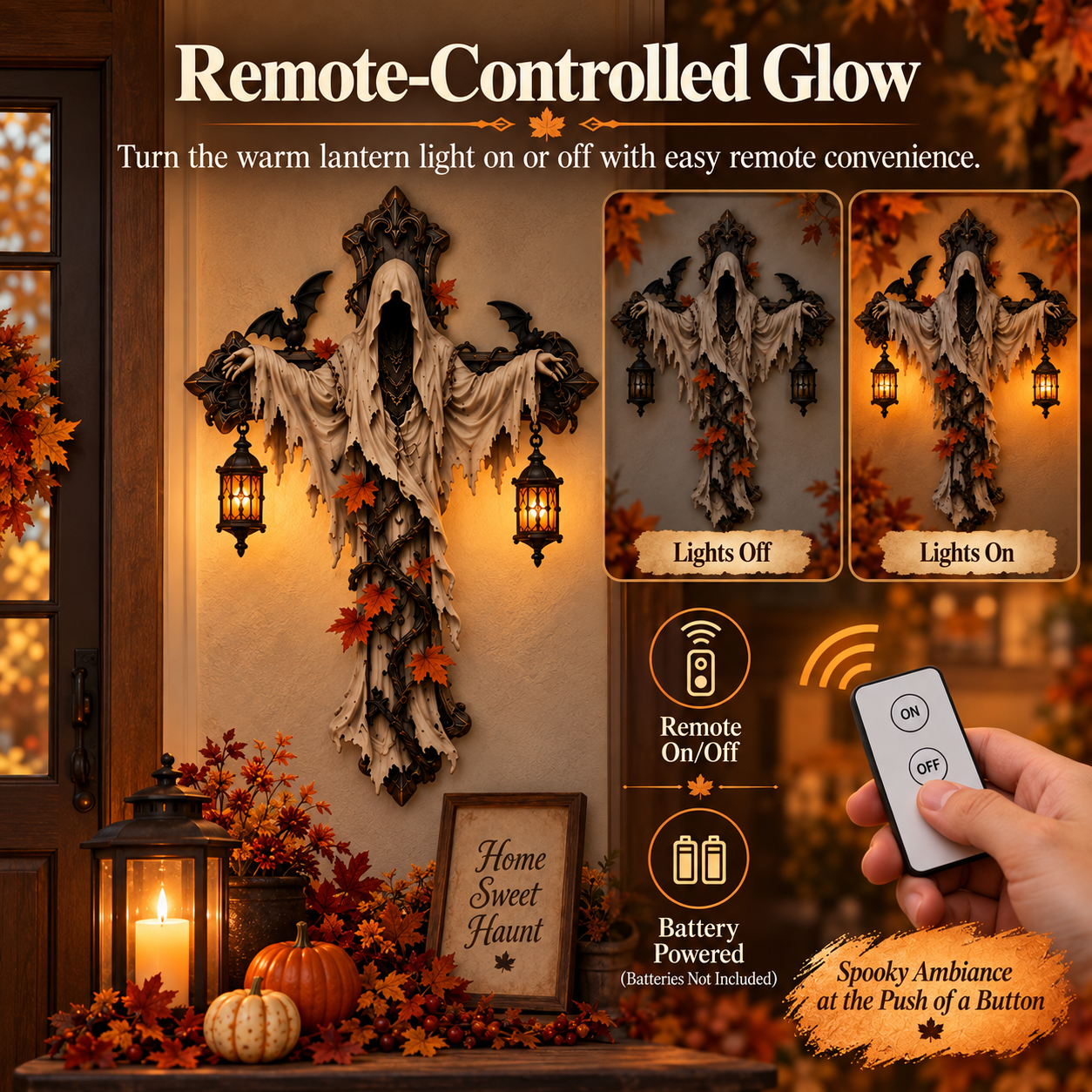 Lighted Halloween Ghost Cross Wall Decor