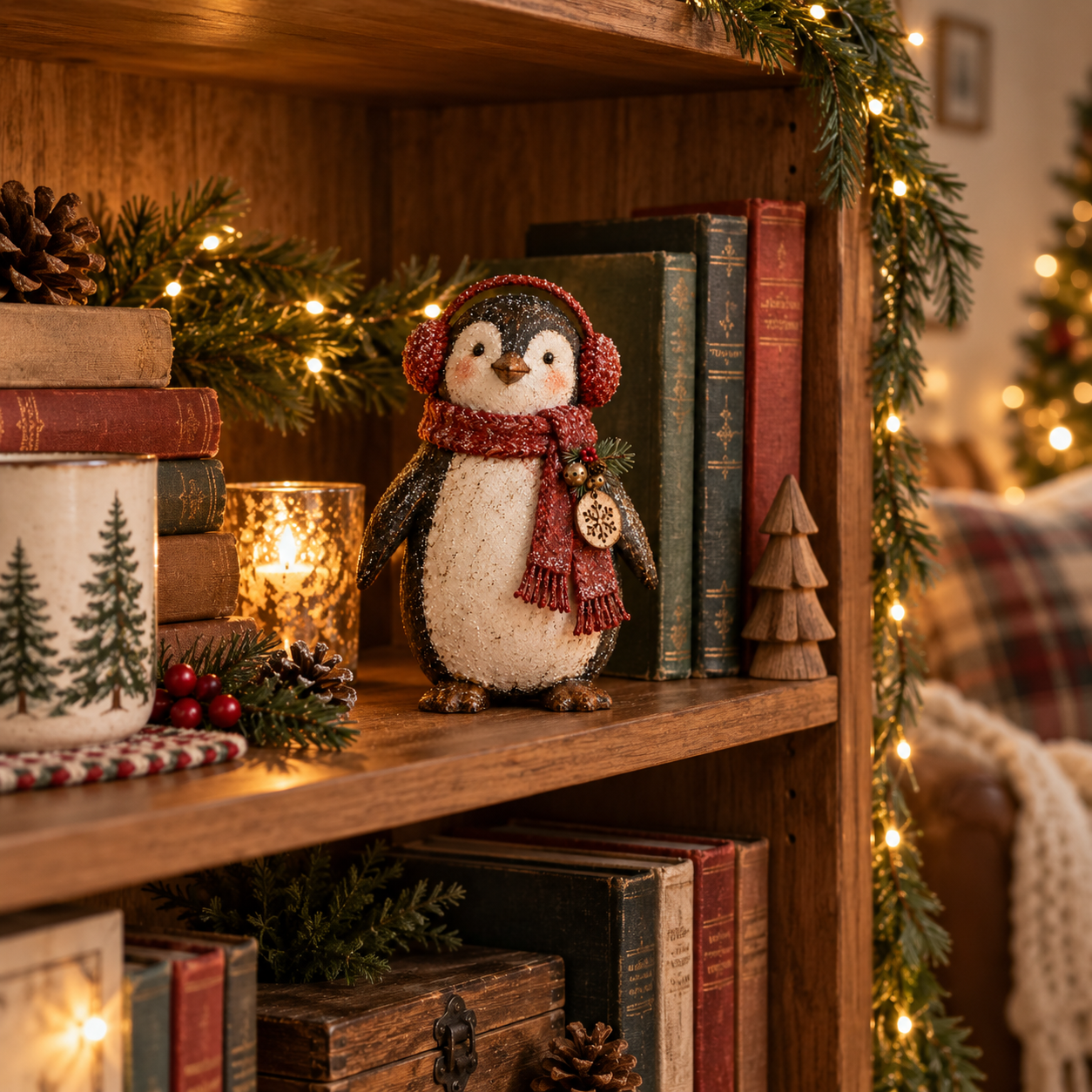 Christmas Penguin Figurine with Red Scarf & Earmuffs 