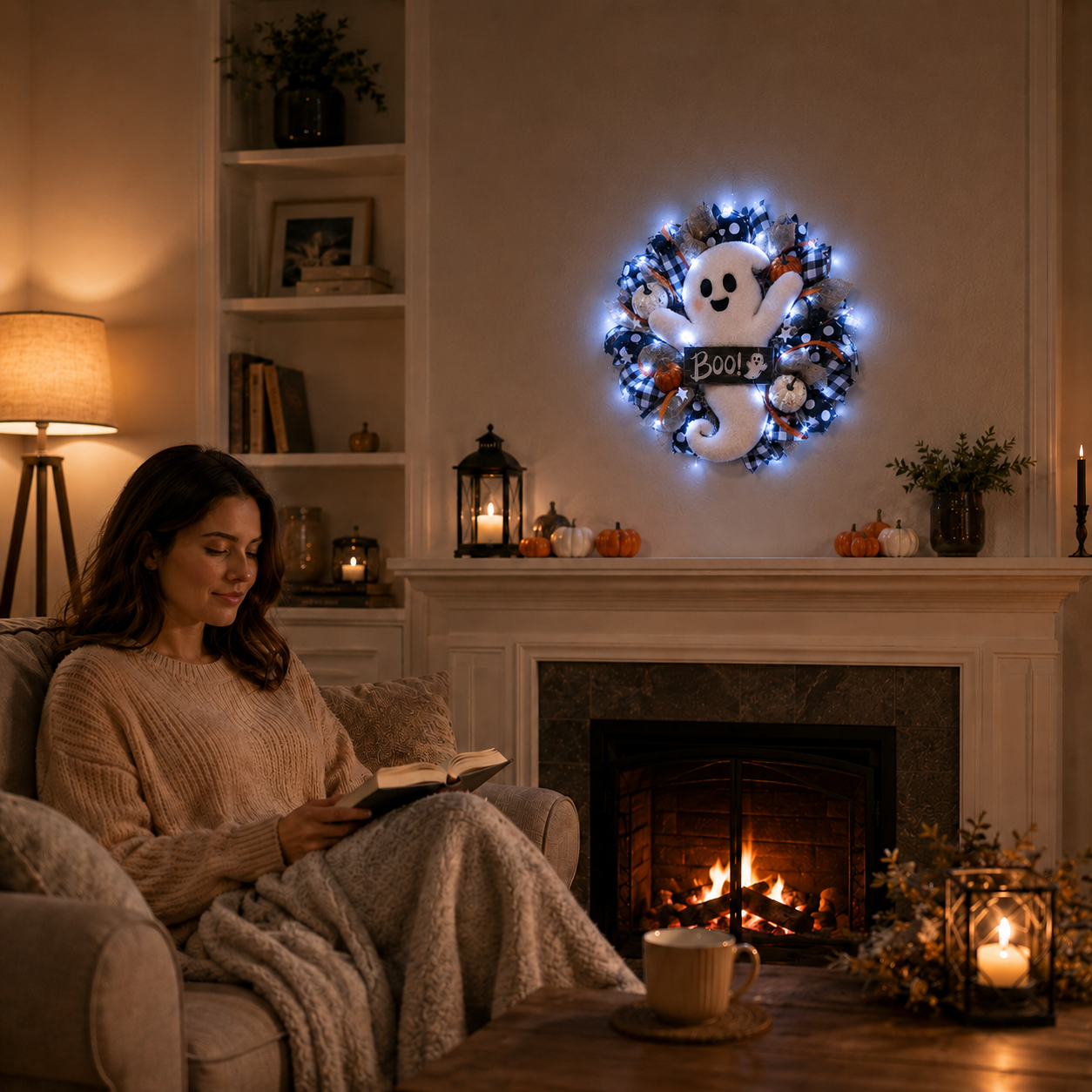 Lighted Halloween Ghost Wreath – 15.7-Inch Remote-Controlled Front Door Decoration 👻