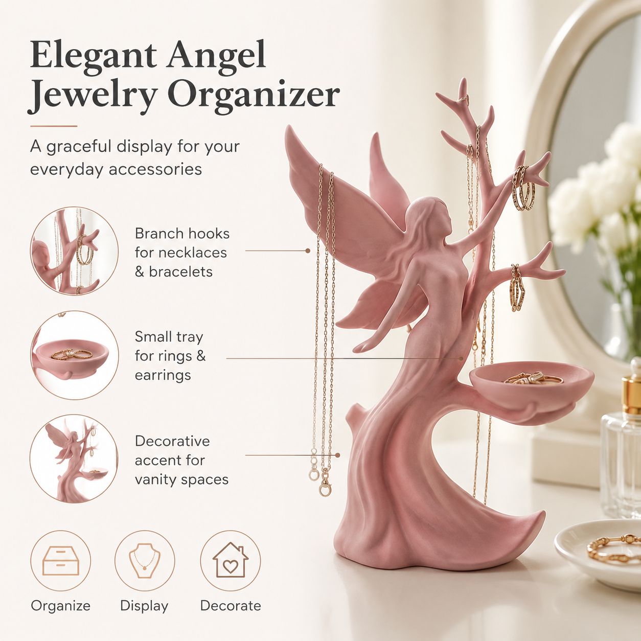 Angel Jewelry Holder Stand, Decorative Jewelry Organizer Tree with Tray for Necklaces, Rings, Earrings and Bracelets, Vanity Dresser Display for Women and Girls