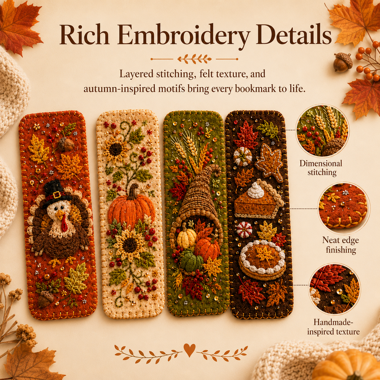 Thanksgiving Embroidered Felt Bookmarks🍁
