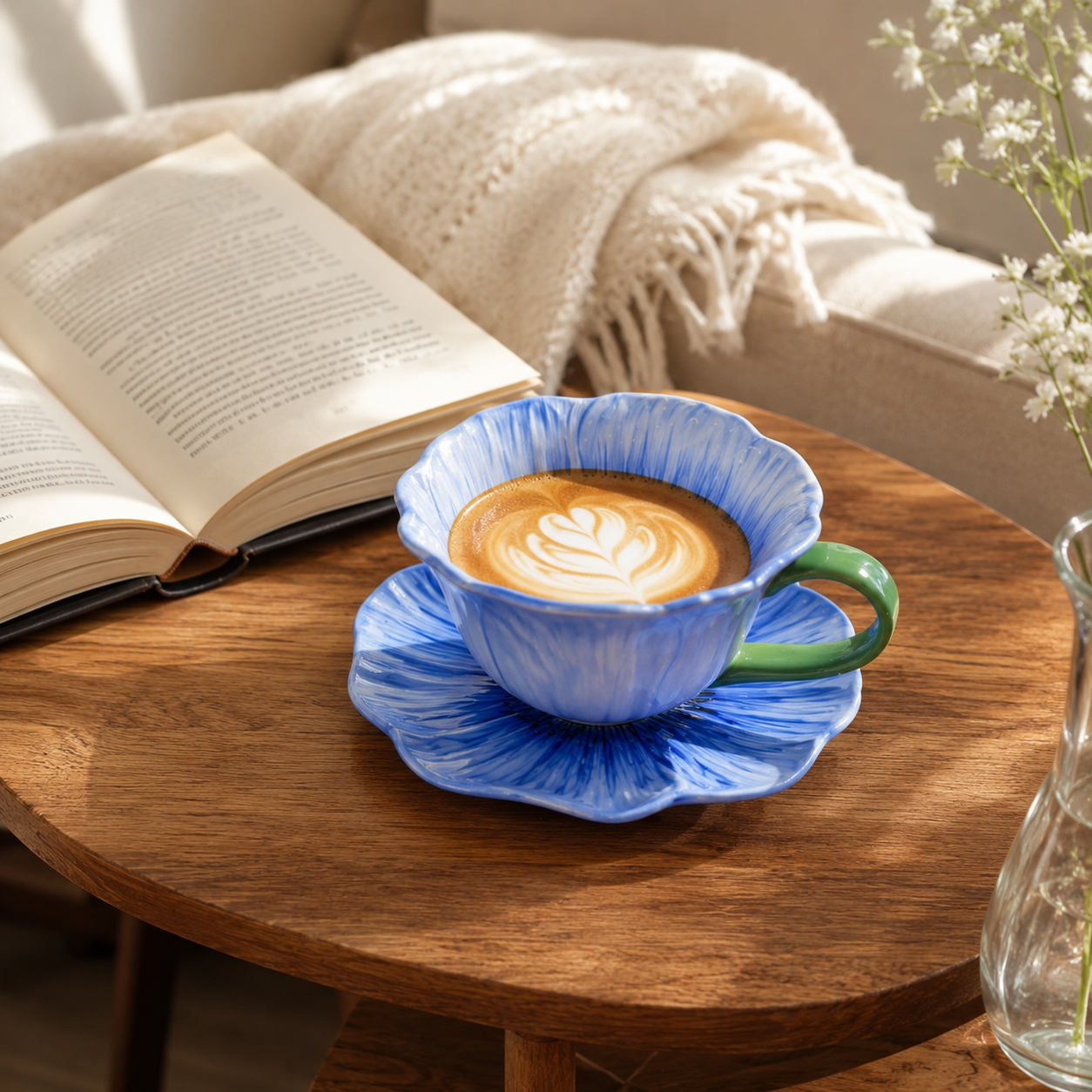 Poppy Flower Shaped Ceramic Coffee Cup and Saucer Set, 10 oz Floral Tea Cup with Matching Plate, Handmade Style Flower Mug for Coffee, Tea, Latte, Cappuccino, Home Decor and Gift