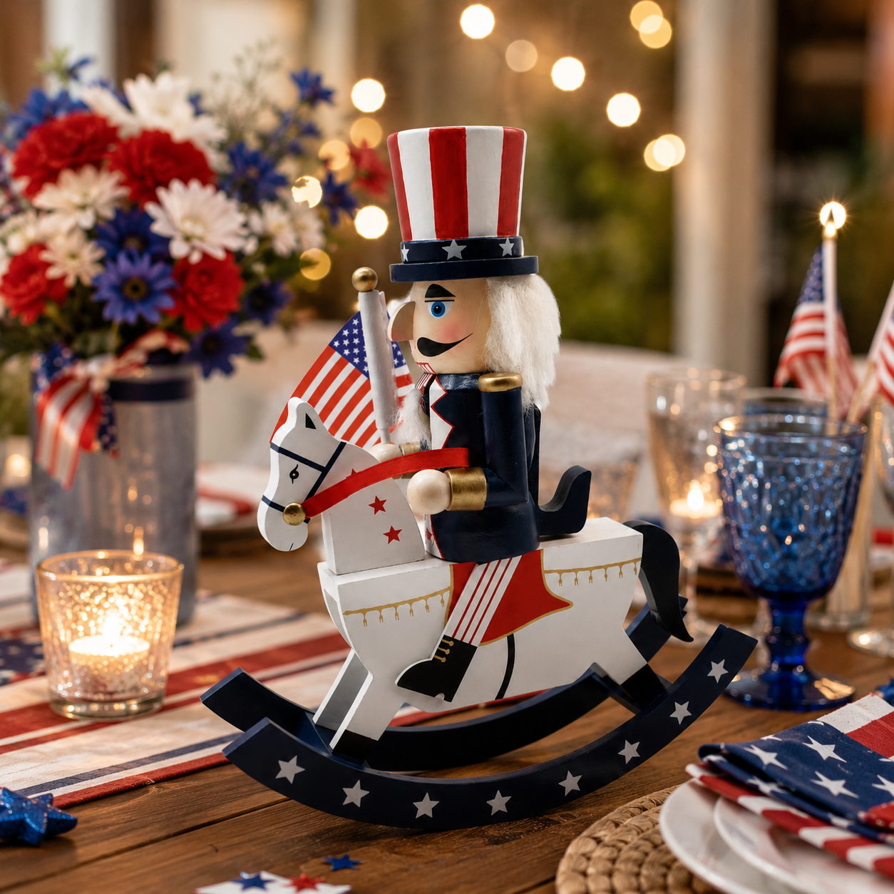 “Uncle Sam Nutcracker on Rocking Horse – Patriotic Holiday Décor”
