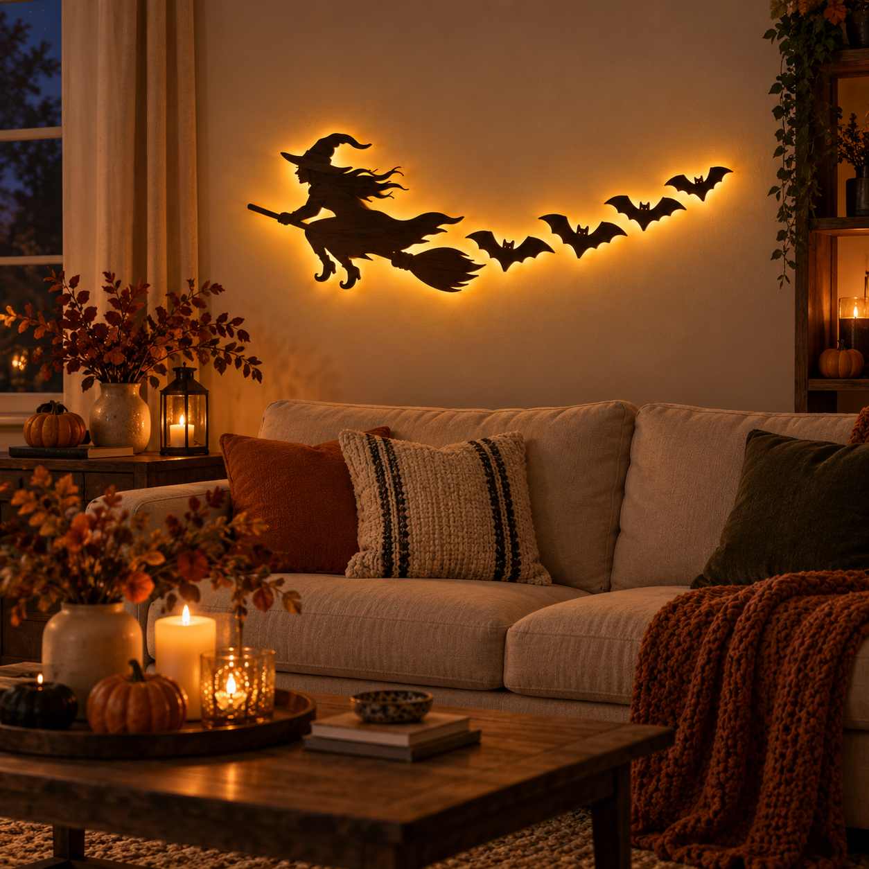 🎃 5-Piece Halloween Lighted Wall Decor Set – Flying Witch & Bats with Remote Control