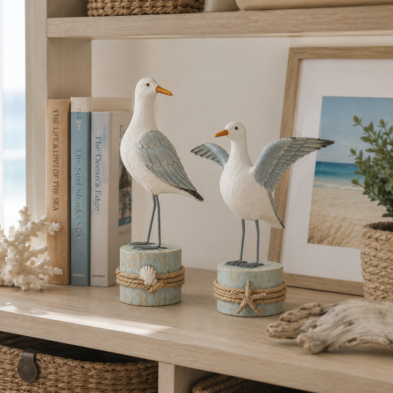 🌊 Set of 2 Seagull Figurines – Coastal Resin Bird Decor with Beach-Inspired Details for Tabletop Home Accents