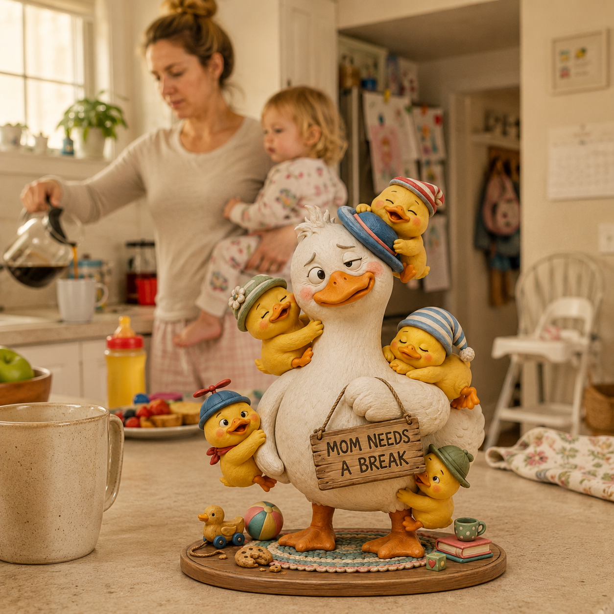“Mom Needs a Break” Mama Duck & Five Ducklings Resin Figurine – Funny Family Tabletop Decor 💛