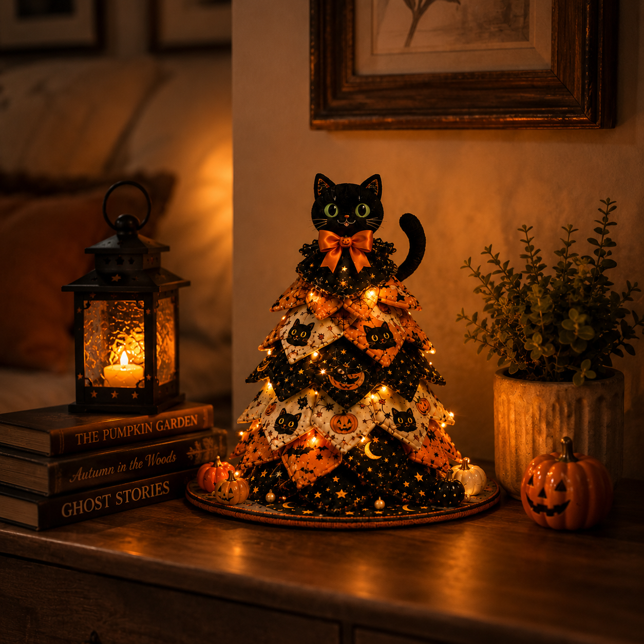 Light-Up Halloween Black Cat Fabric Tree Decoration with Remote Control 🐈‍⬛🎃✨