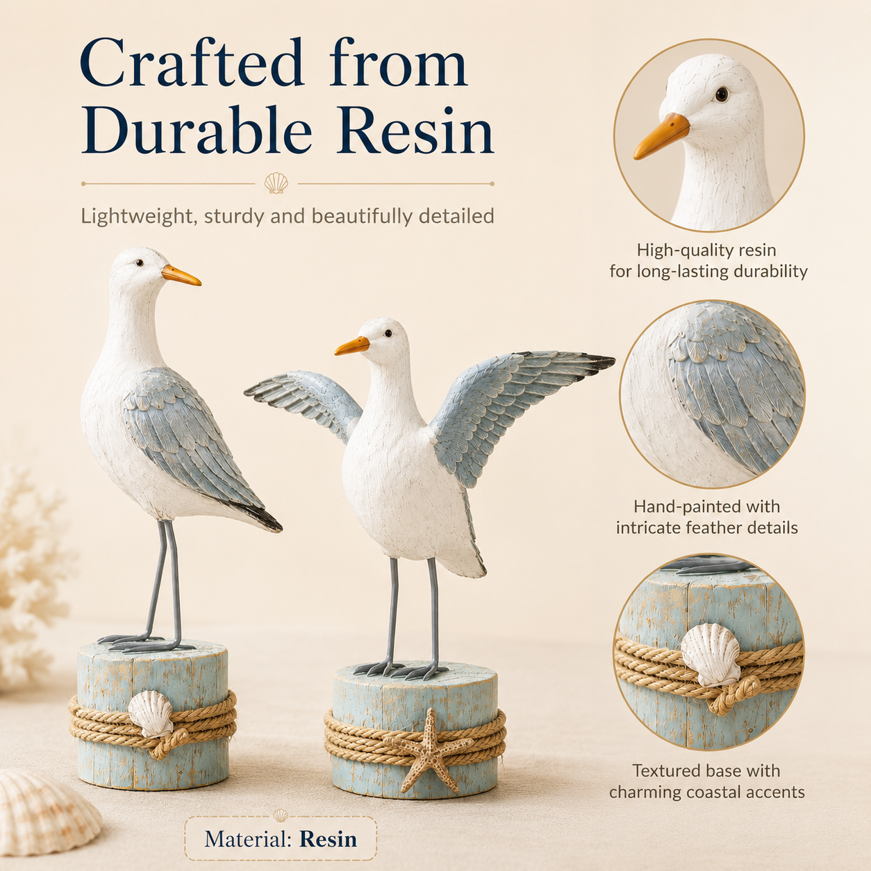 🌊 Set of 2 Seagull Figurines – Coastal Resin Bird Decor with Beach-Inspired Details for Tabletop Home Accents