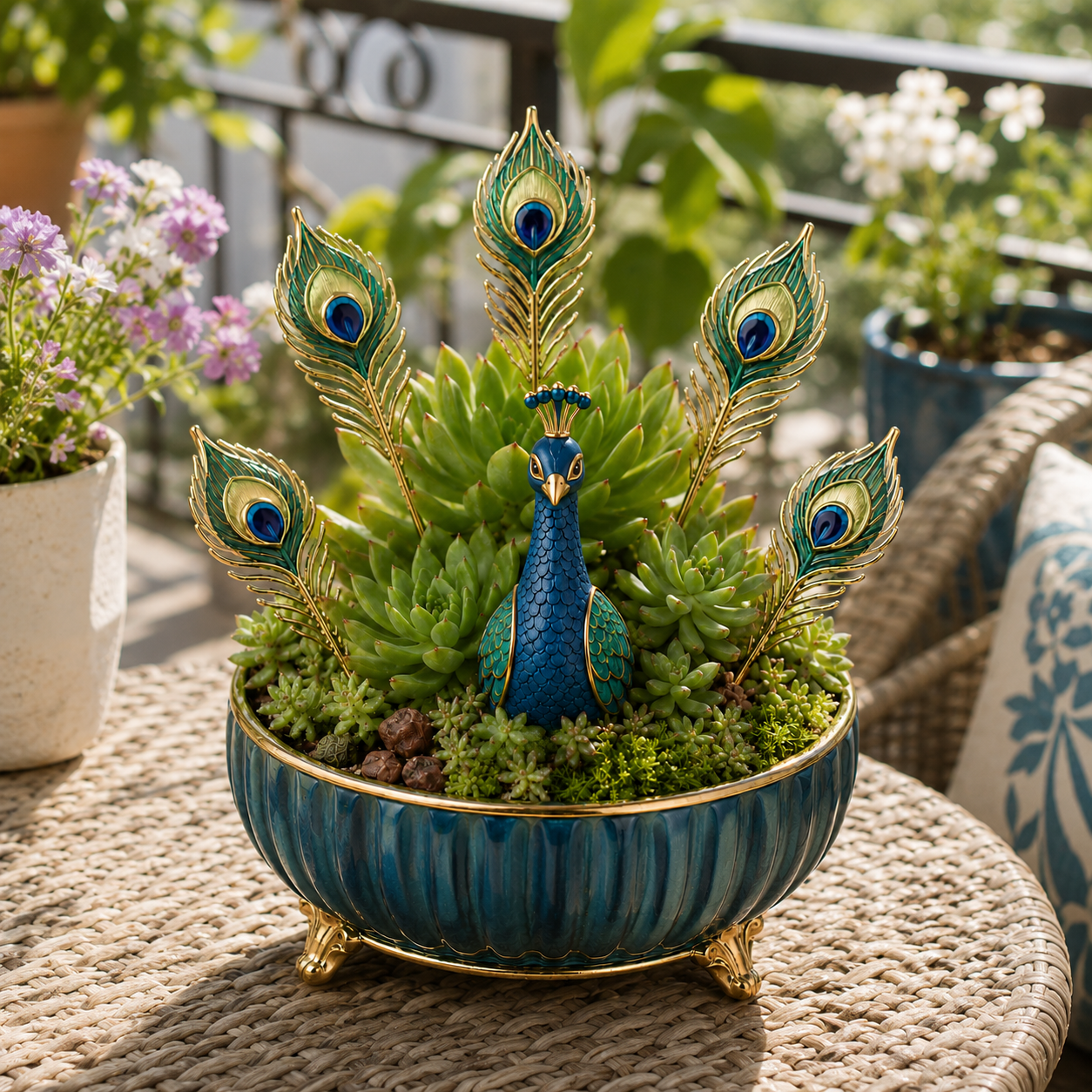 Peacock Resin Plant Decoration Set – 1 Peacock Pick with 5 Decorative Feather Stakes