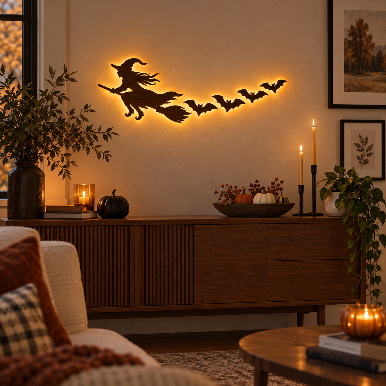 🎃 5-Piece Halloween Lighted Wall Decor Set – Flying Witch & Bats with Remote Control