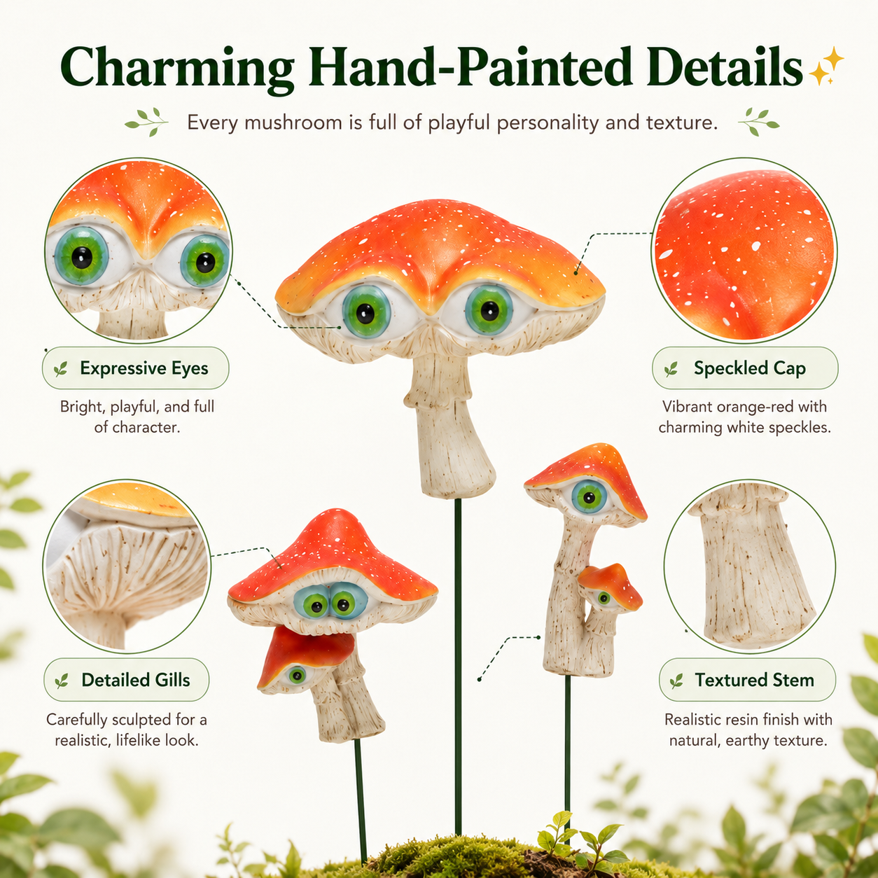 3-Piece Big-Eyed Mushroom Resin Garden Stakes – Whimsical Fairy Garden Decorations