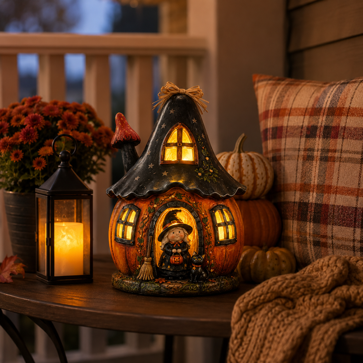 Lighted Witch Pumpkin House Resin Figurine – Remote-Controlled Halloween Tabletop Décor ✨