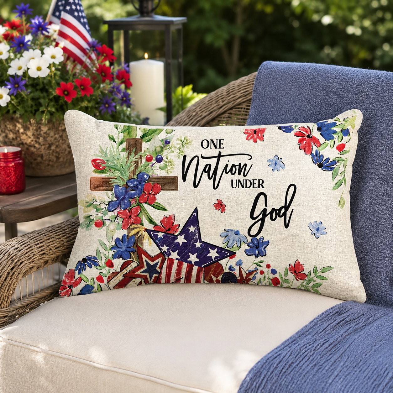 “Patriotic 4th of July Decorative Throw Pillow – Set of 2, ‘One Nation Under God’ Red, White & Blue Stars & Floral Accent for Home, Couch, Bedroom & Holiday Decor”