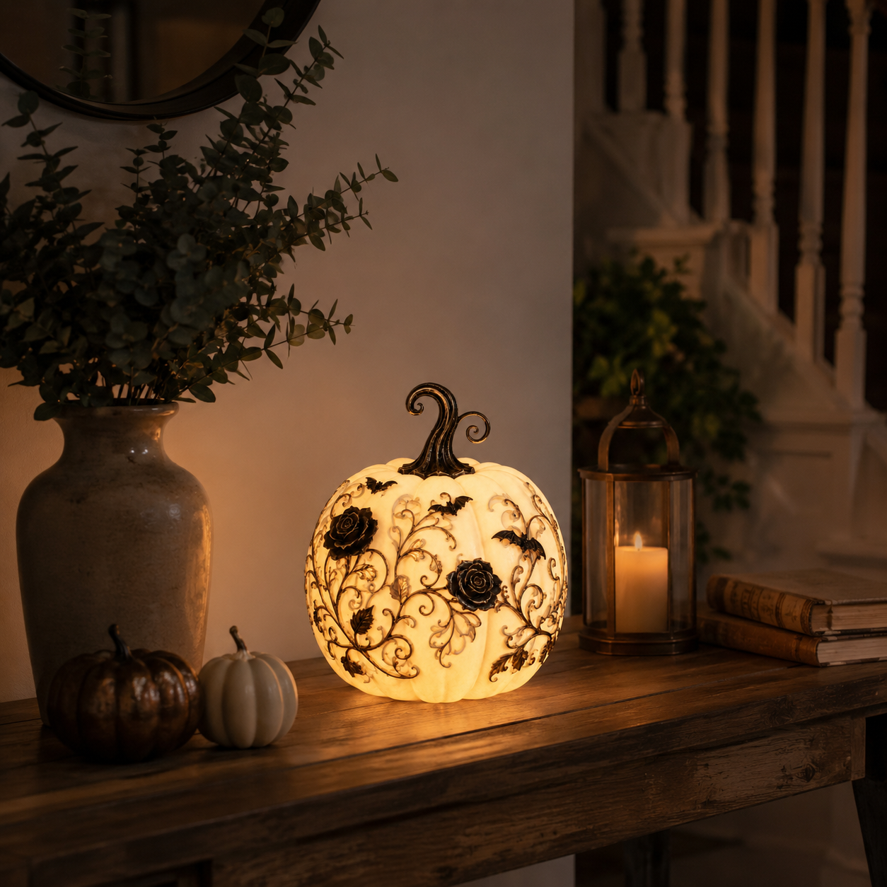 Gothic Rose Pumpkin Light – Remote-Controlled Halloween Resin Tabletop Décor 🦇