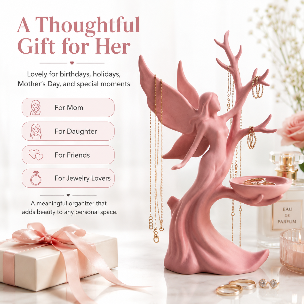 Angel Jewelry Holder Stand, Decorative Jewelry Organizer Tree with Tray for Necklaces, Rings, Earrings and Bracelets, Vanity Dresser Display for Women and Girls