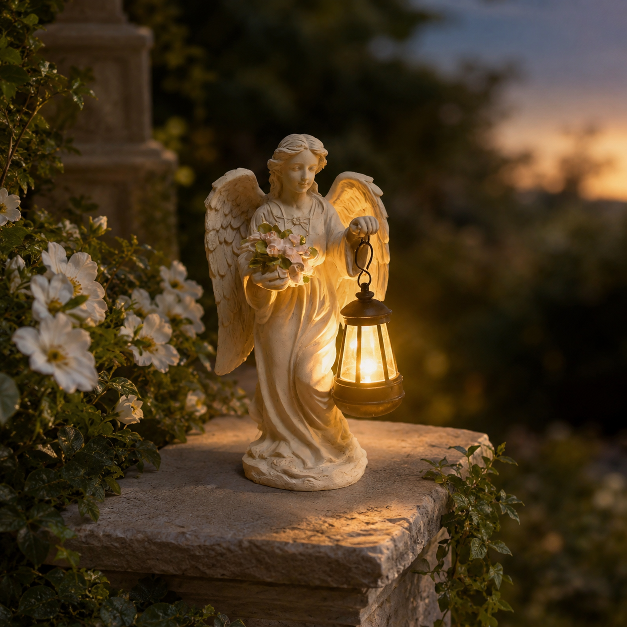 Lighted Angel Garden Statue with Lantern, Outdoor Angel Figurine Decor, Memorial Solar-Style Garden Ornament for Patio, Yard, Pathway and Home Decoration