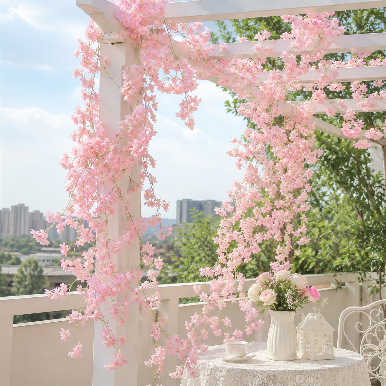 Artificial Pink Hanging Cherry Blossom Garland – 1.8m, 135 Flowers | Wedding, Balcony, Staircase, Room Decoration