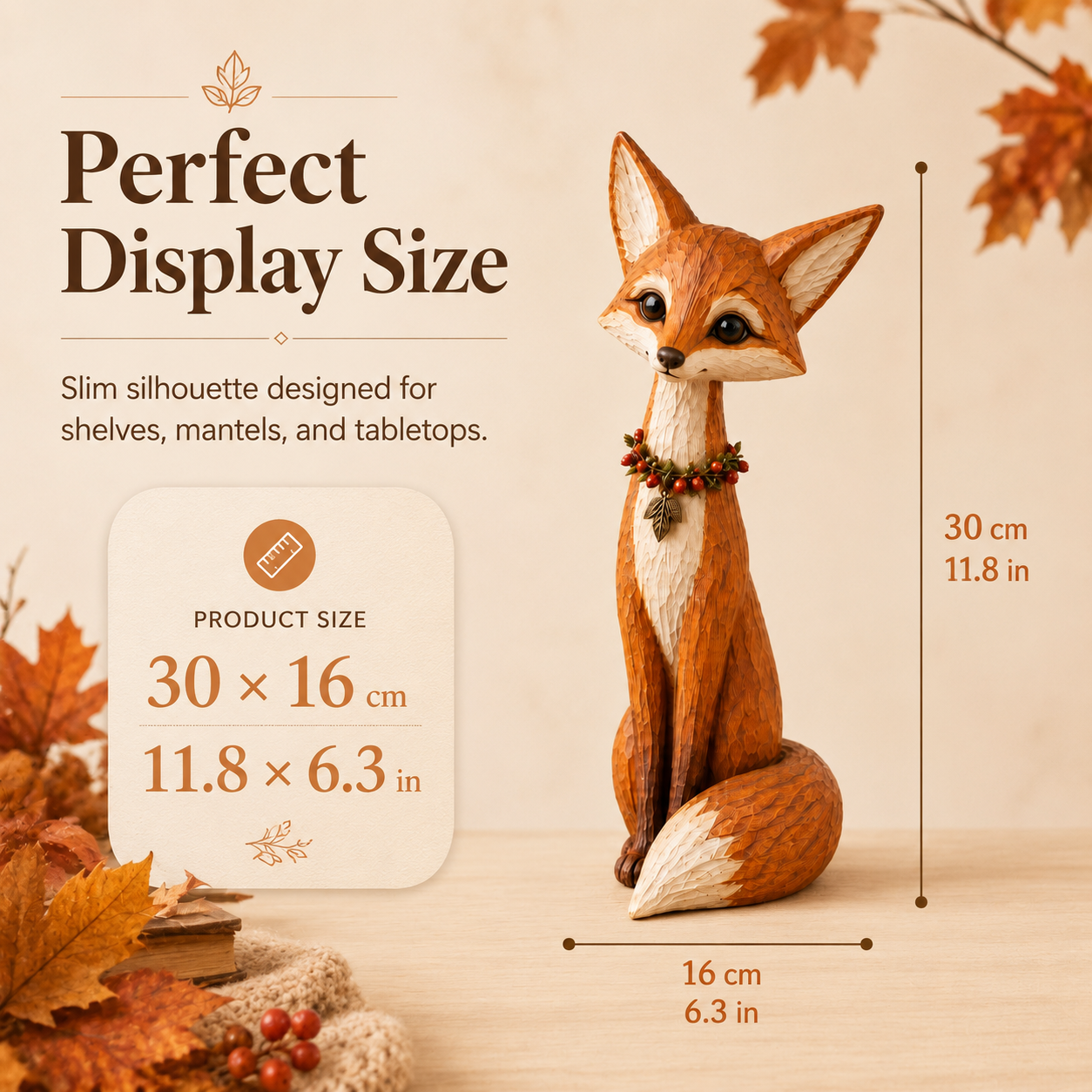 Hand-Carved Wooden Fox Figurine – 11.8-Inch Slim Woodland Tabletop Décor 🍂