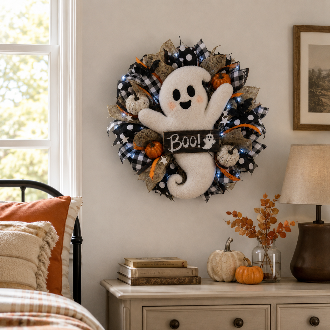 Lighted Halloween Ghost Wreath – 15.7-Inch Remote-Controlled Front Door Decoration 👻