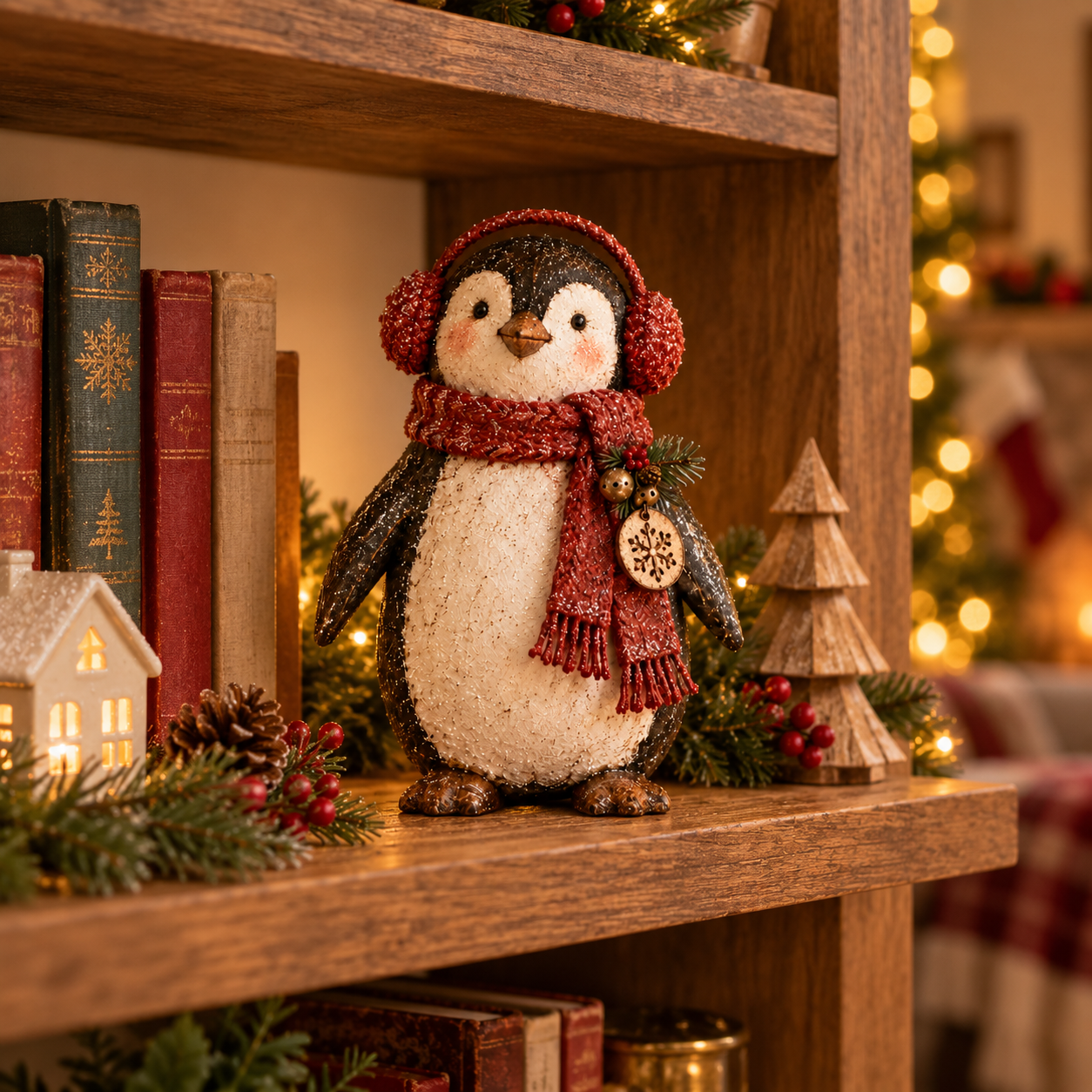 Christmas Penguin Figurine with Red Scarf & Earmuffs 