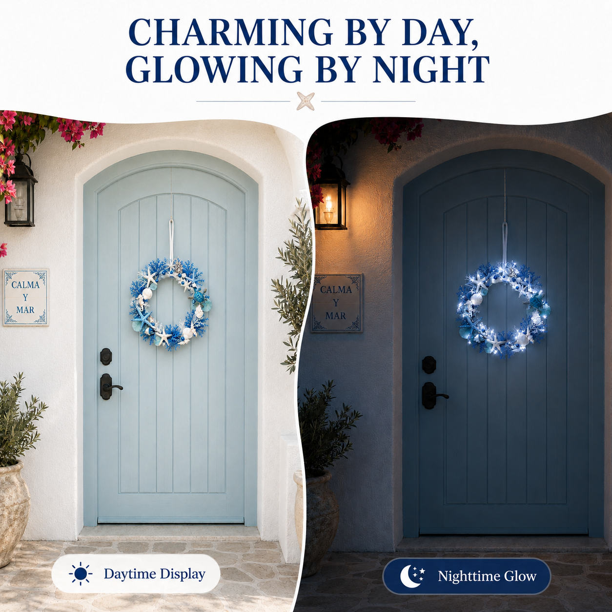 Ocean Breeze Coastal Wreath with LED Lights – Blue Sea Turtle & Seashell Resin Door Hanging Decor 🐢✨