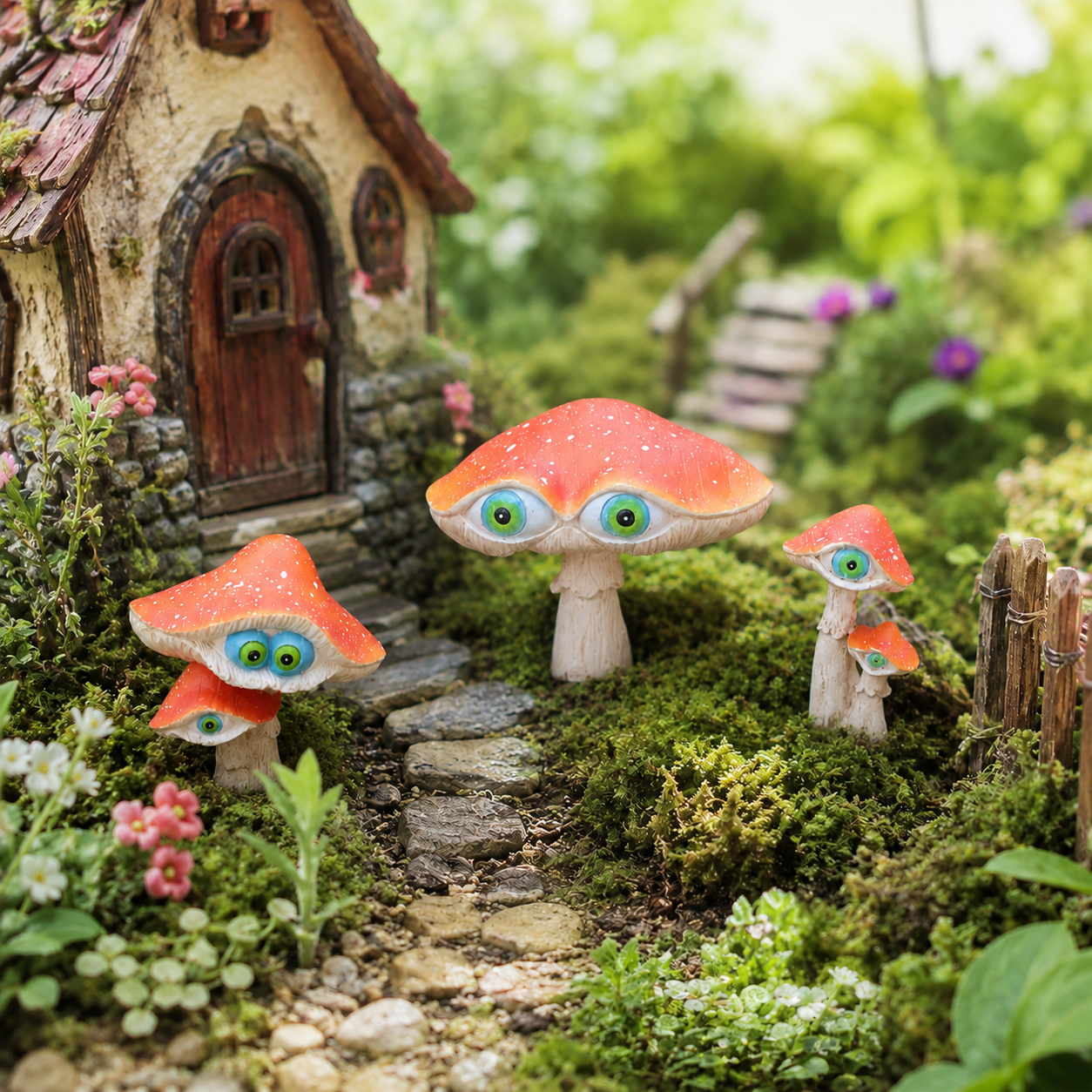3-Piece Big-Eyed Mushroom Resin Garden Stakes – Whimsical Fairy Garden Decorations