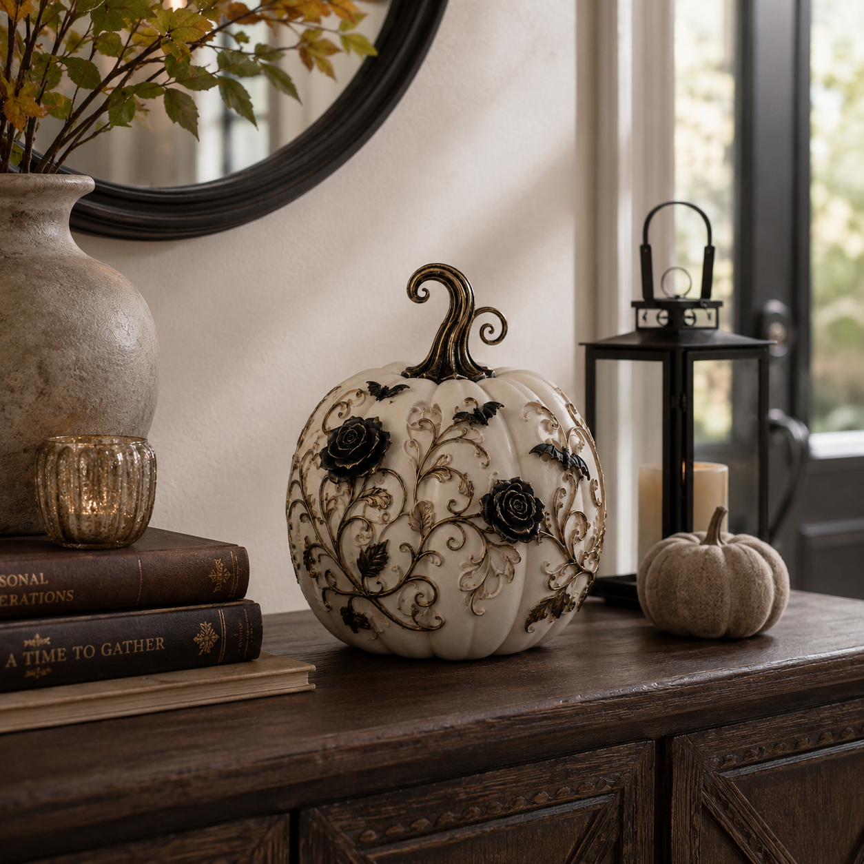Gothic Rose Pumpkin Light – Remote-Controlled Halloween Resin Tabletop Décor 🦇