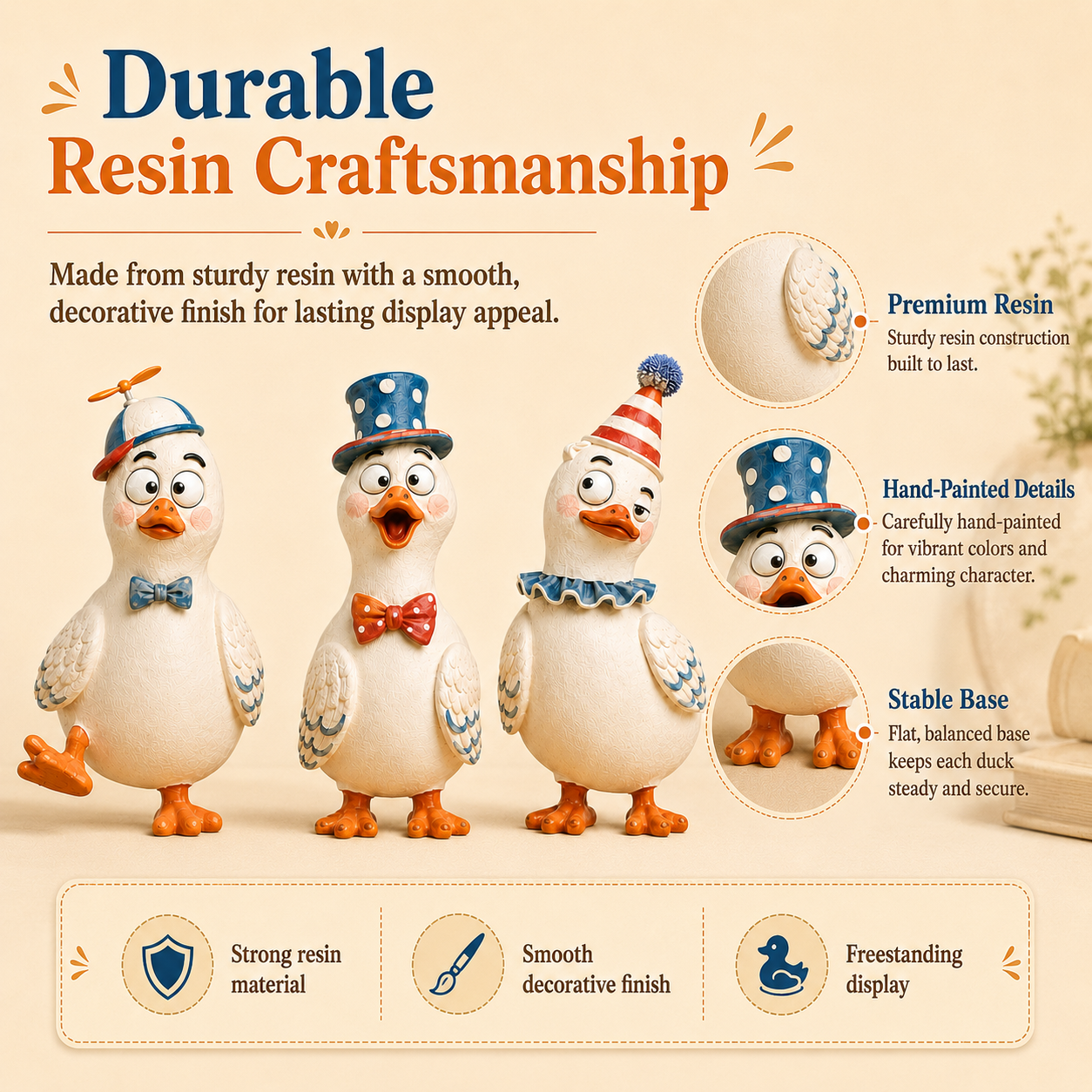 🦆 3-Piece Quirky Duck Resin Figurine Set – Funny Farmhouse Tabletop Décor