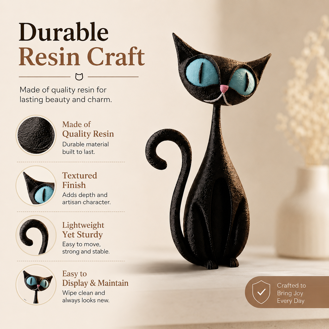 Whimsical Big-Eyed Black Cat Resin Figurine 🐈‍⬛✨