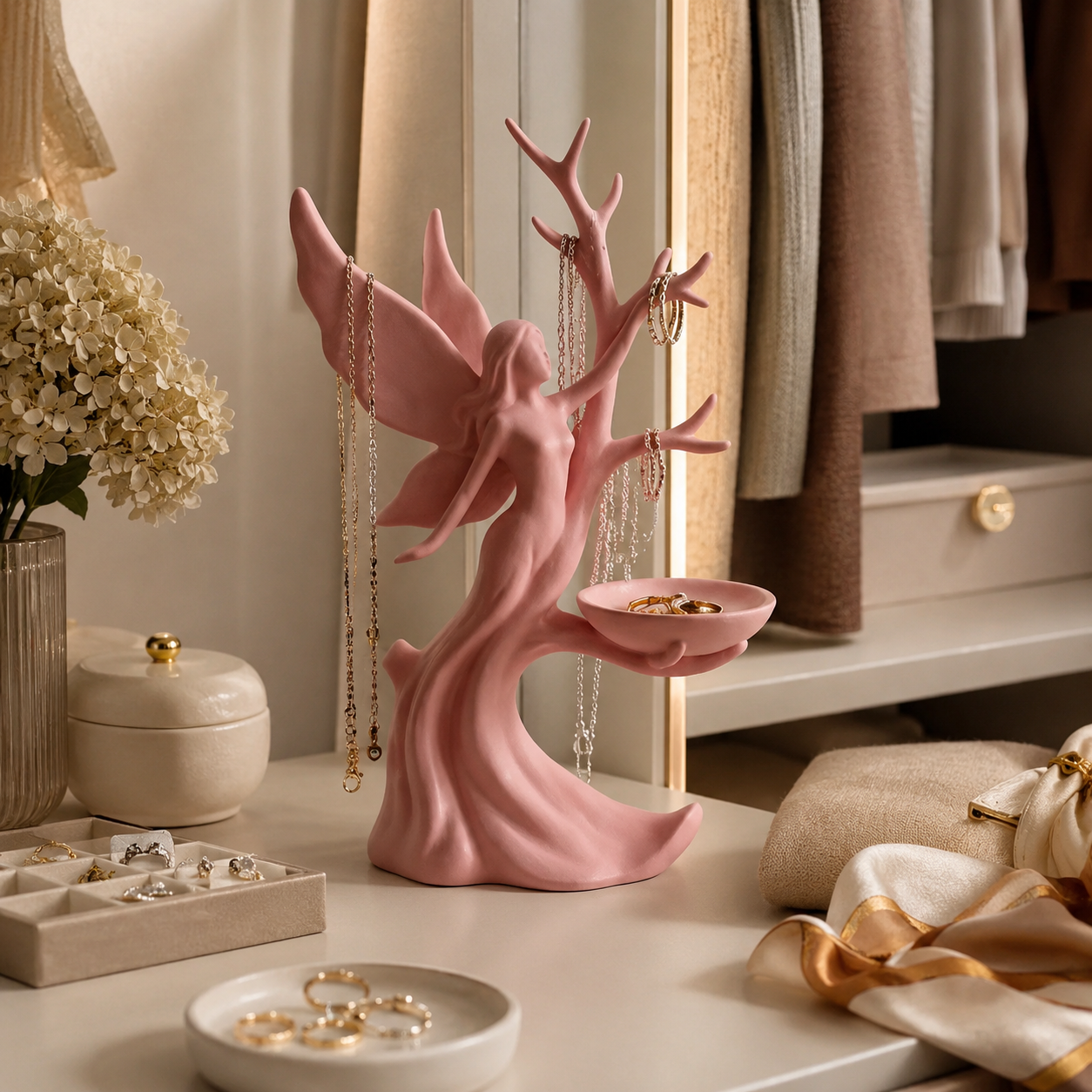 Angel Jewelry Holder Stand, Decorative Jewelry Organizer Tree with Tray for Necklaces, Rings, Earrings and Bracelets, Vanity Dresser Display for Women and Girls