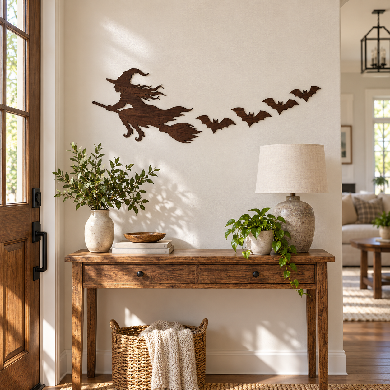 🎃 5-Piece Halloween Lighted Wall Decor Set – Flying Witch & Bats with Remote Control