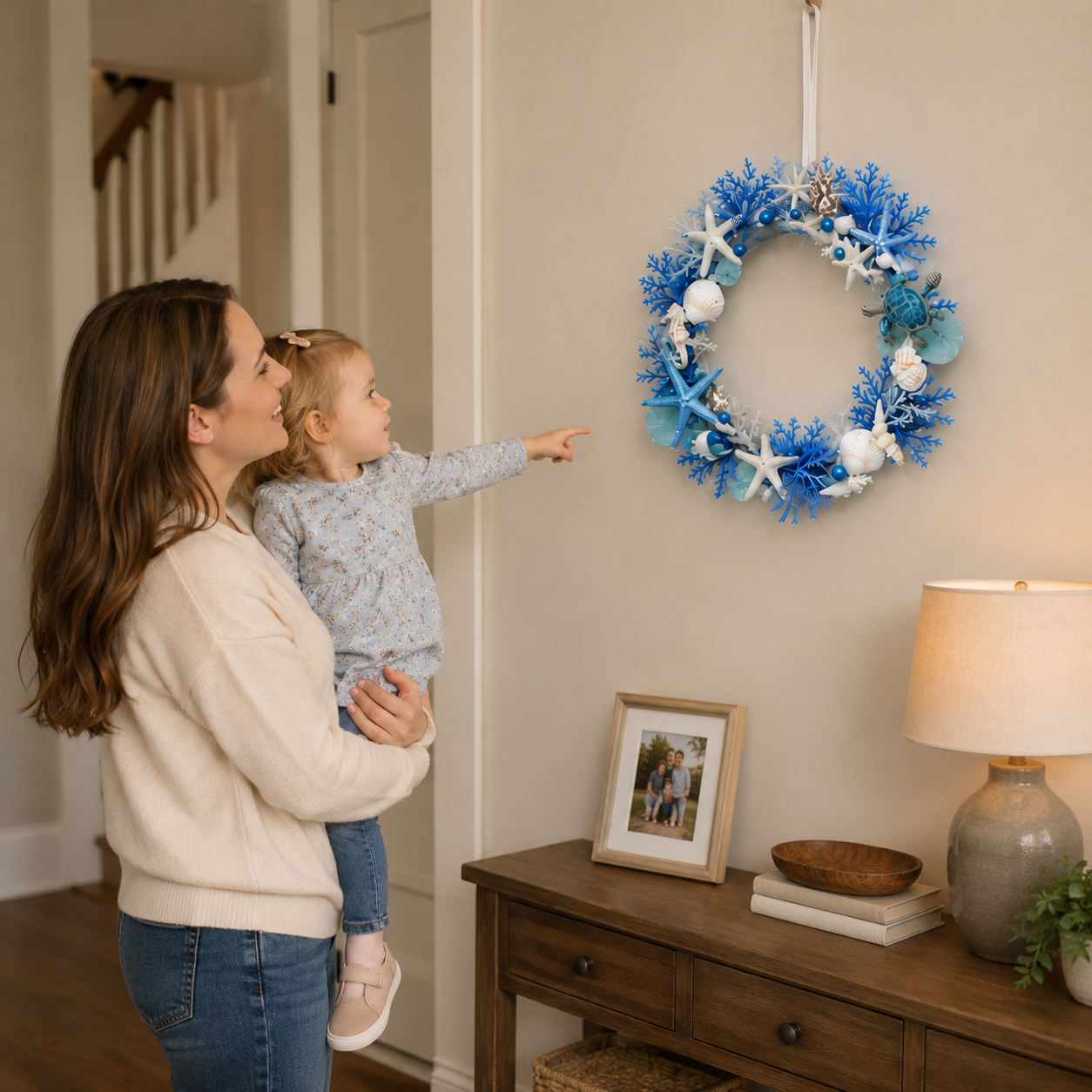 Ocean Breeze Coastal Wreath with LED Lights – Blue Sea Turtle & Seashell Resin Door Hanging Decor 🐢✨