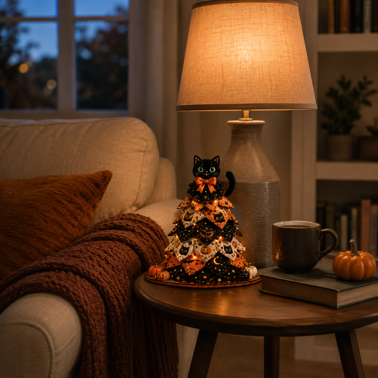 Light-Up Halloween Black Cat Fabric Tree Decoration with Remote Control 🐈‍⬛🎃✨