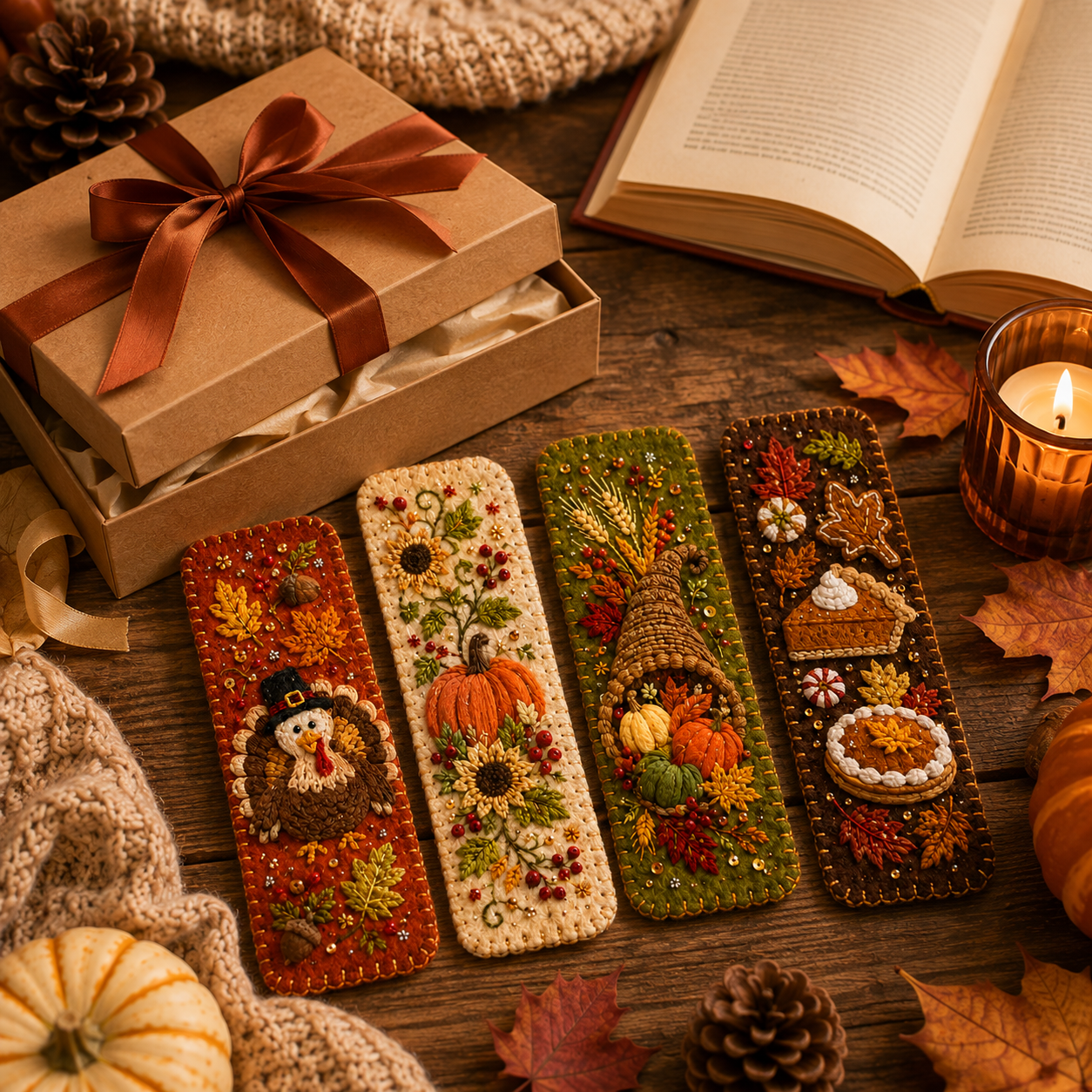 Thanksgiving Embroidered Felt Bookmarks🍁