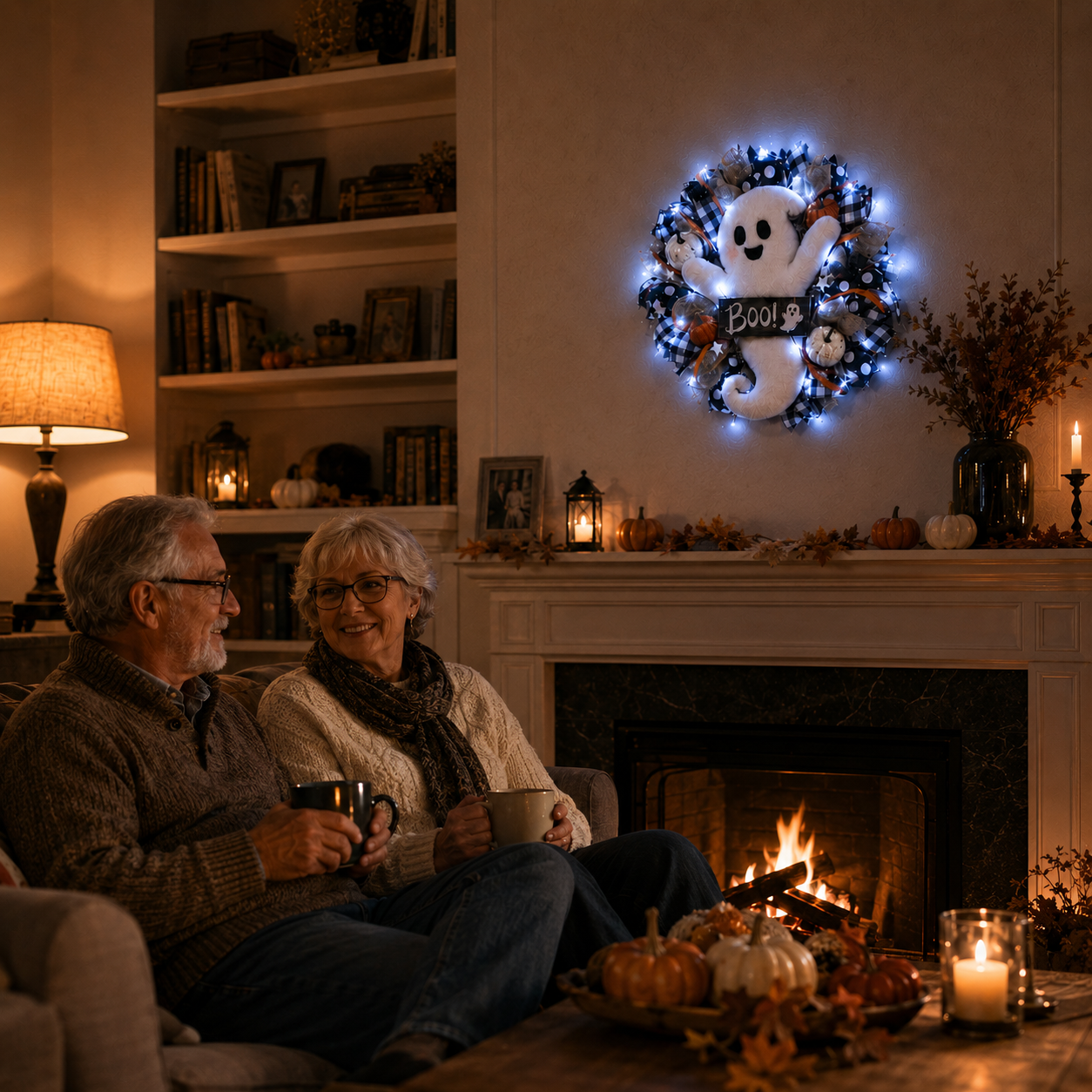Lighted Halloween Ghost Wreath – 15.7-Inch Remote-Controlled Front Door Decoration 👻