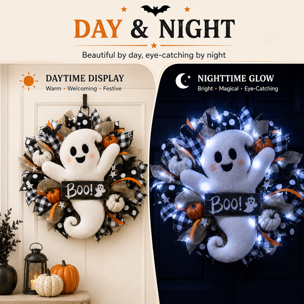 Lighted Halloween Ghost Wreath – 15.7-Inch Remote-Controlled Front Door Decoration 👻