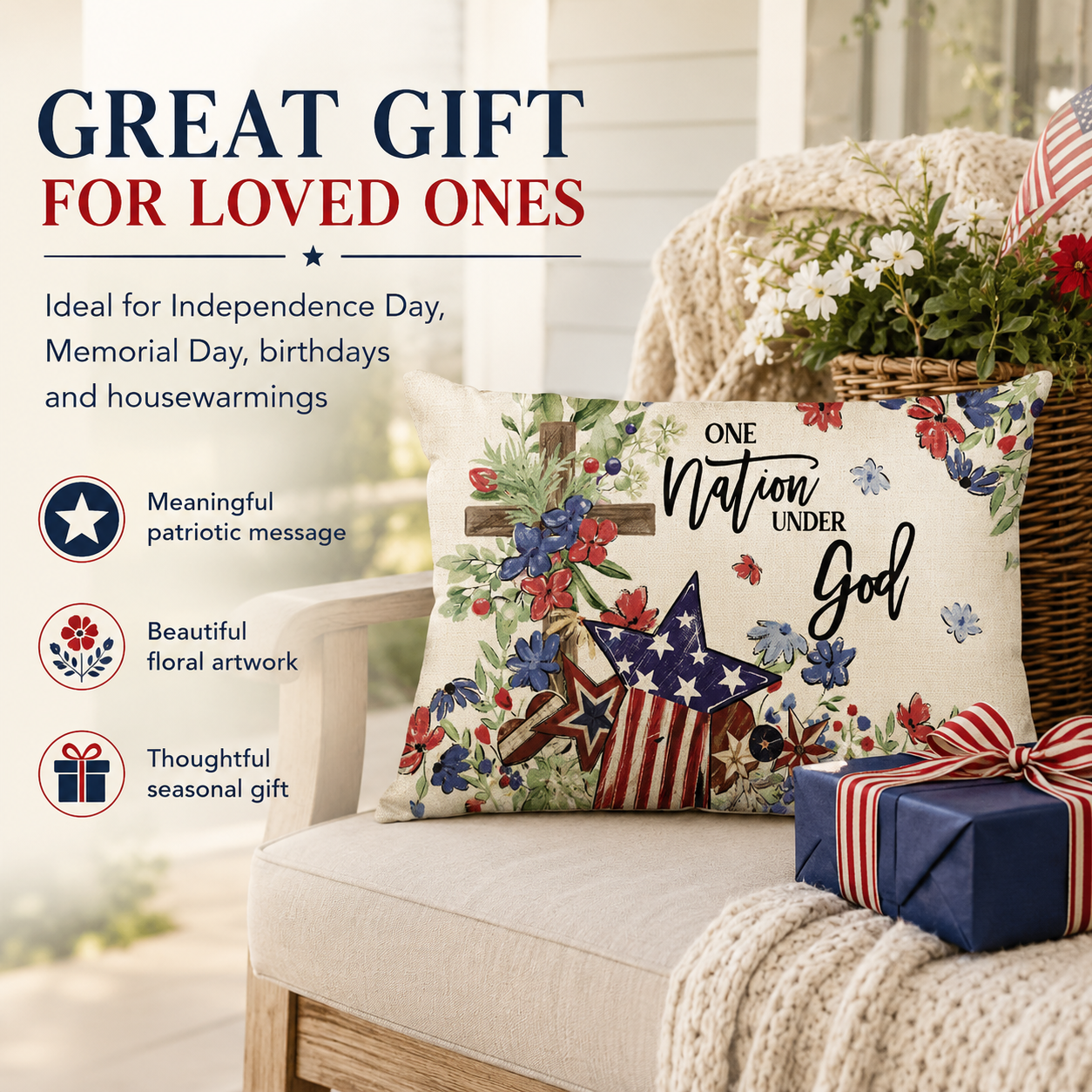 “Patriotic 4th of July Decorative Throw Pillow – Set of 2, ‘One Nation Under God’ Red, White & Blue Stars & Floral Accent for Home, Couch, Bedroom & Holiday Decor”