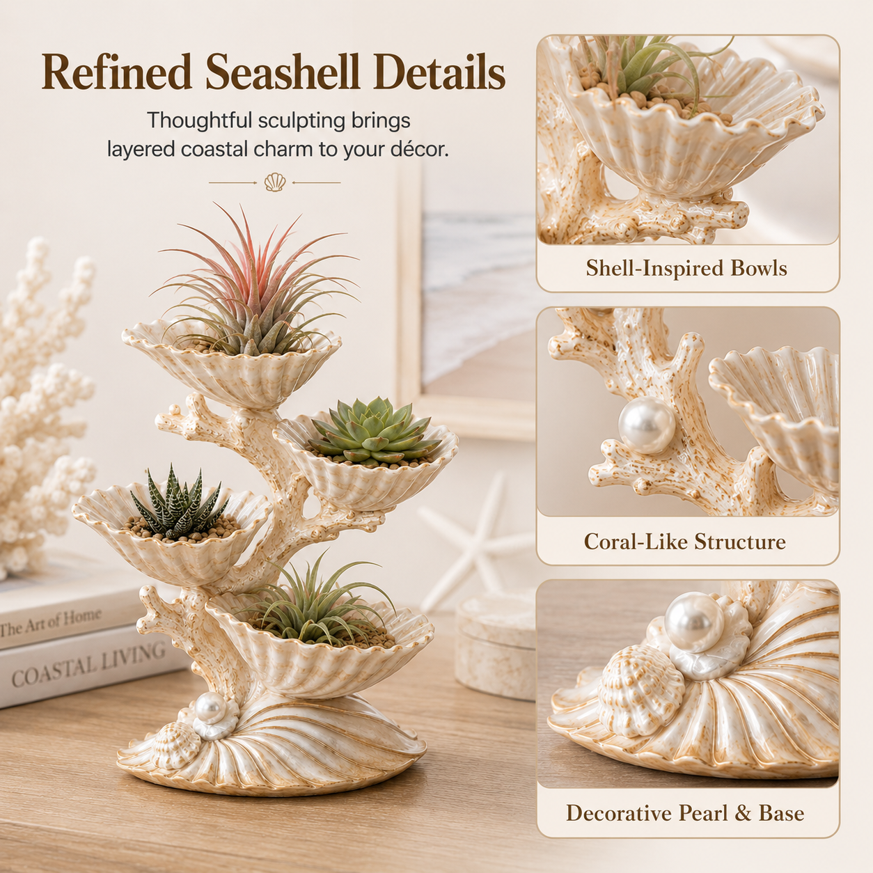 4-Tier Pearl Seashell Succulent Planter – Coastal Resin Tabletop Plant Display 🌿