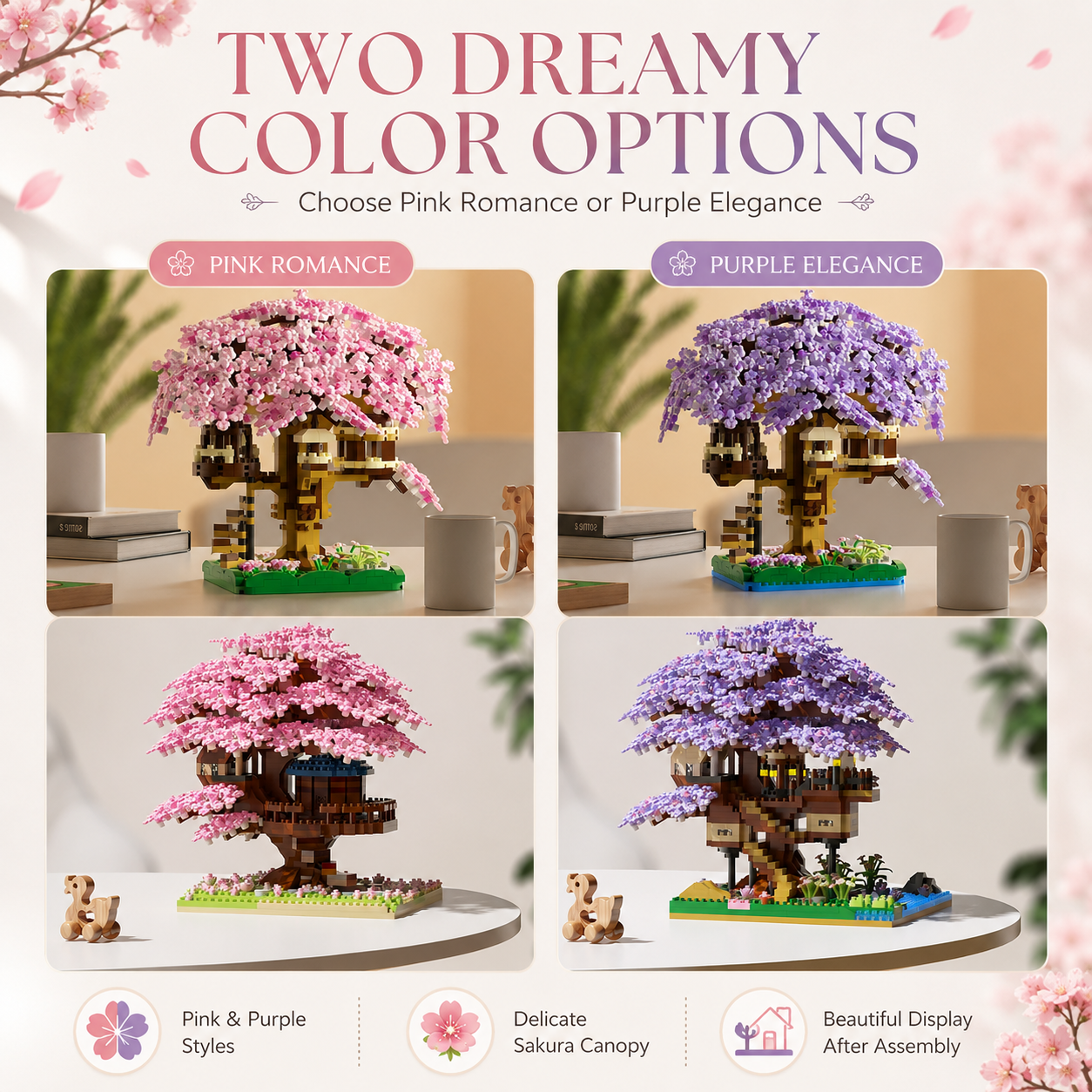 Cherry Blossom Tree House Building Block Set | Pink & Purple Sakura Tree Model | Desktop Decoration Collectible Toy