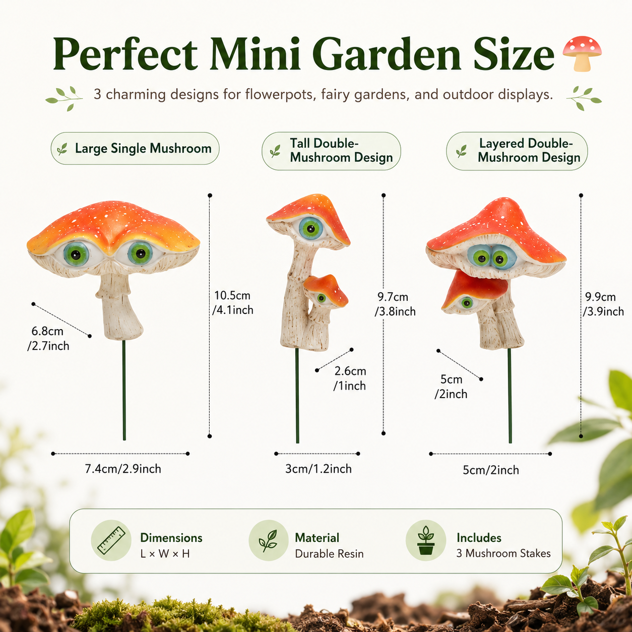 3-Piece Big-Eyed Mushroom Resin Garden Stakes – Whimsical Fairy Garden Decorations