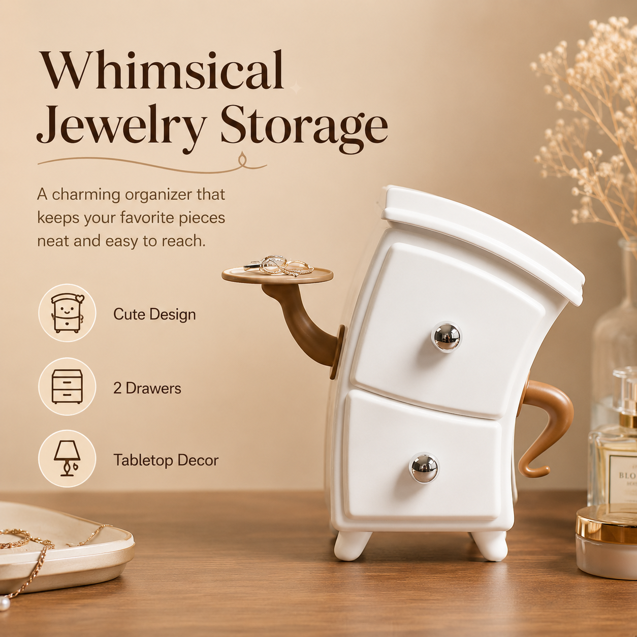 Whimsical 2-Drawer Jewelry Organizer Cabinet