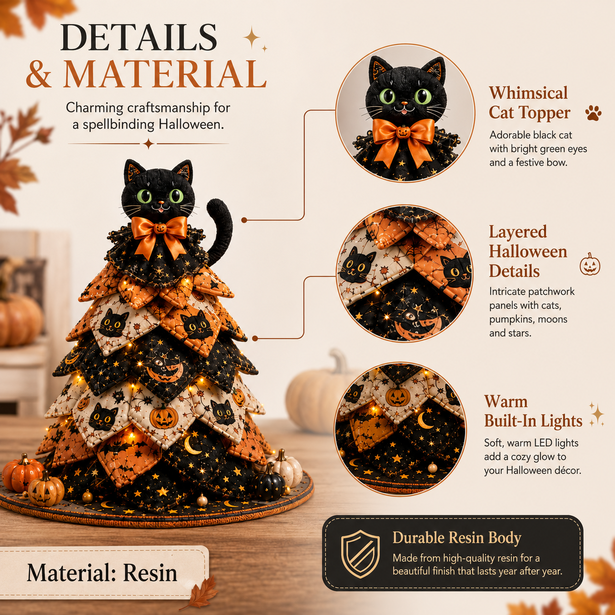 Light-Up Halloween Black Cat Fabric Tree Decoration with Remote Control 🐈‍⬛🎃✨