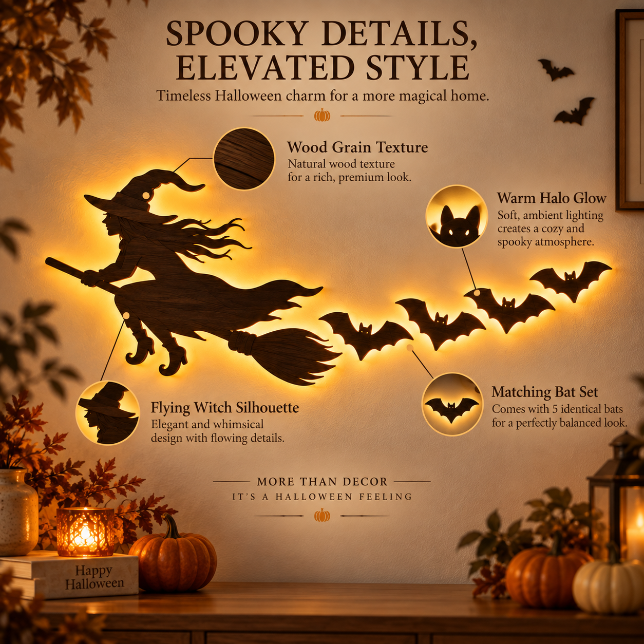 🎃 5-Piece Halloween Lighted Wall Decor Set – Flying Witch & Bats with Remote Control
