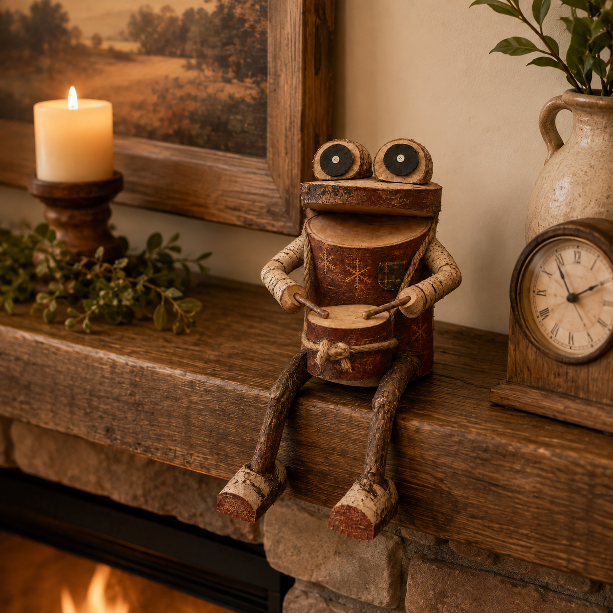 🐸 Rustic Wooden Frog Drummer Figurine