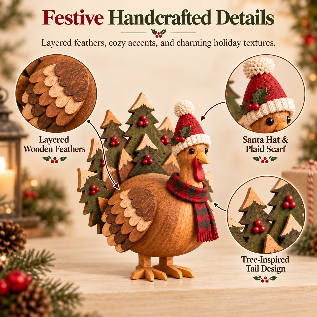 Rustic Wooden Christmas Turkey Figurine with Santa Hat🦃🎄