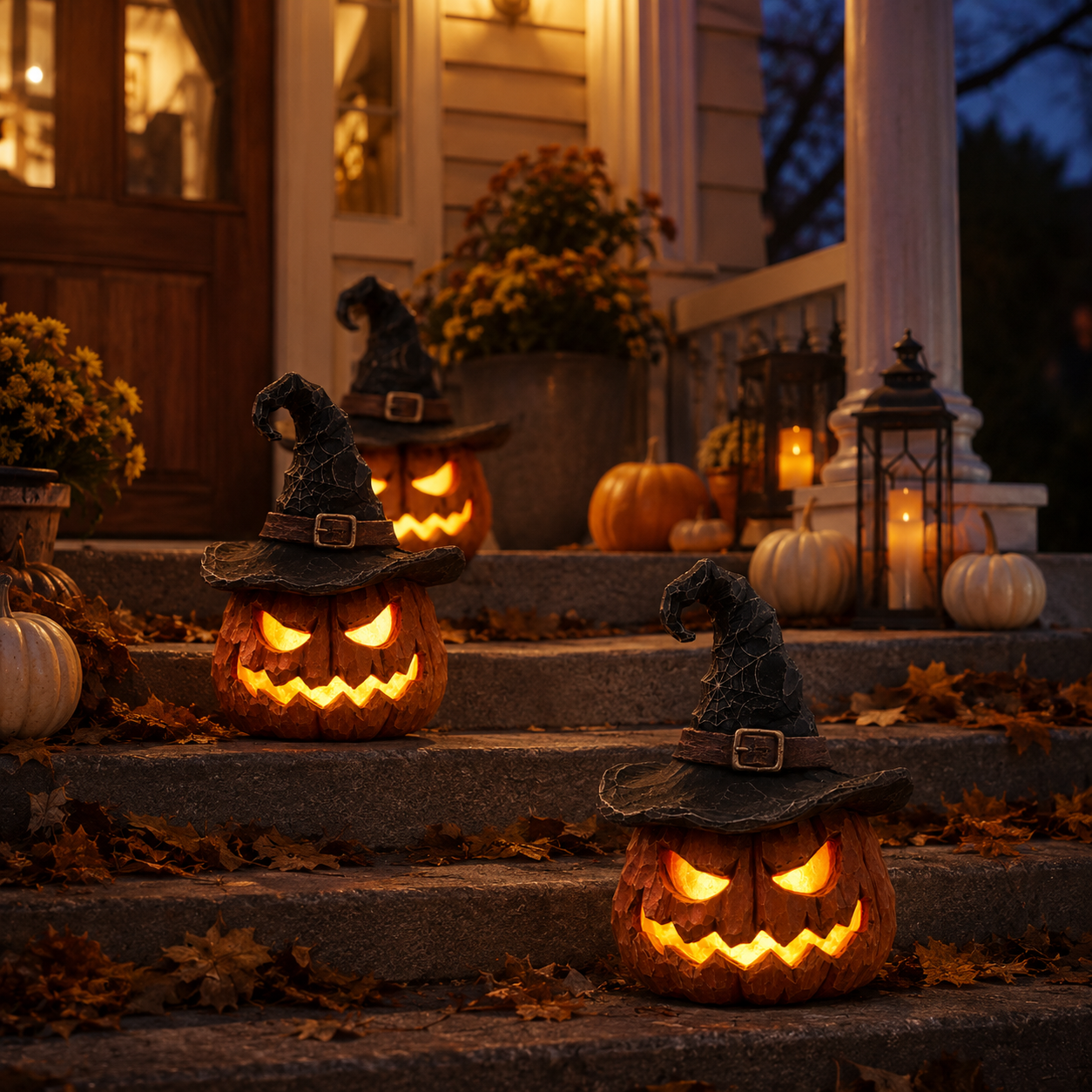 🎃 Light-Up Witch Hat Pumpkin Decoration – Remote-Controlled Halloween Resin Jack-O’-Lantern with LED Glow