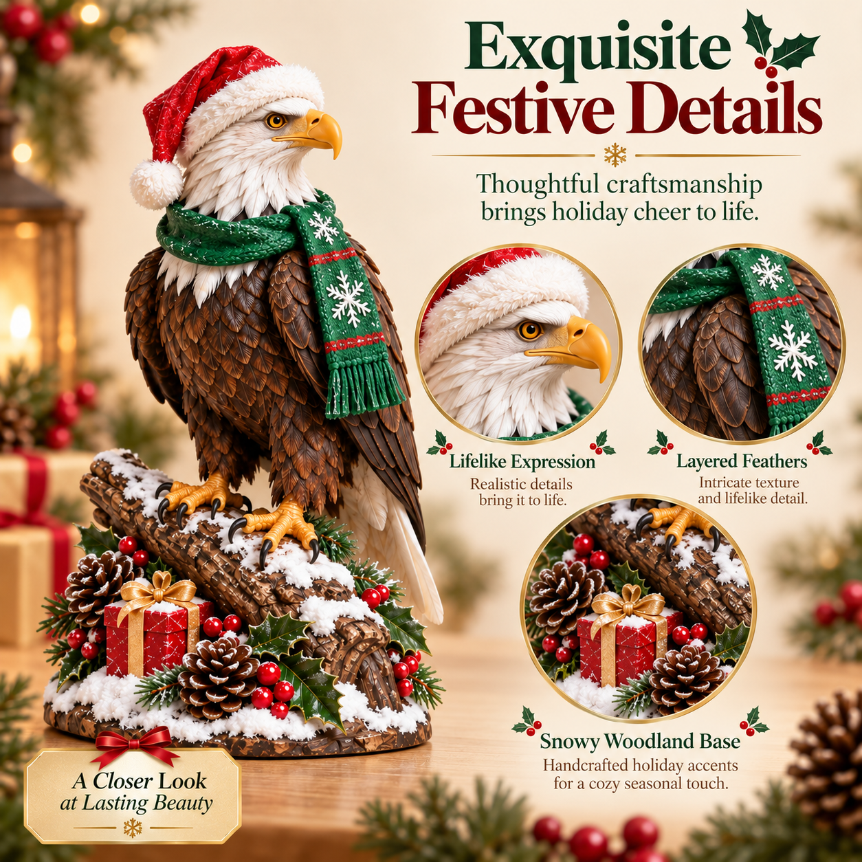 Christmas Bald Eagle Figurine with Santa Hat & Scarf🦅🎄