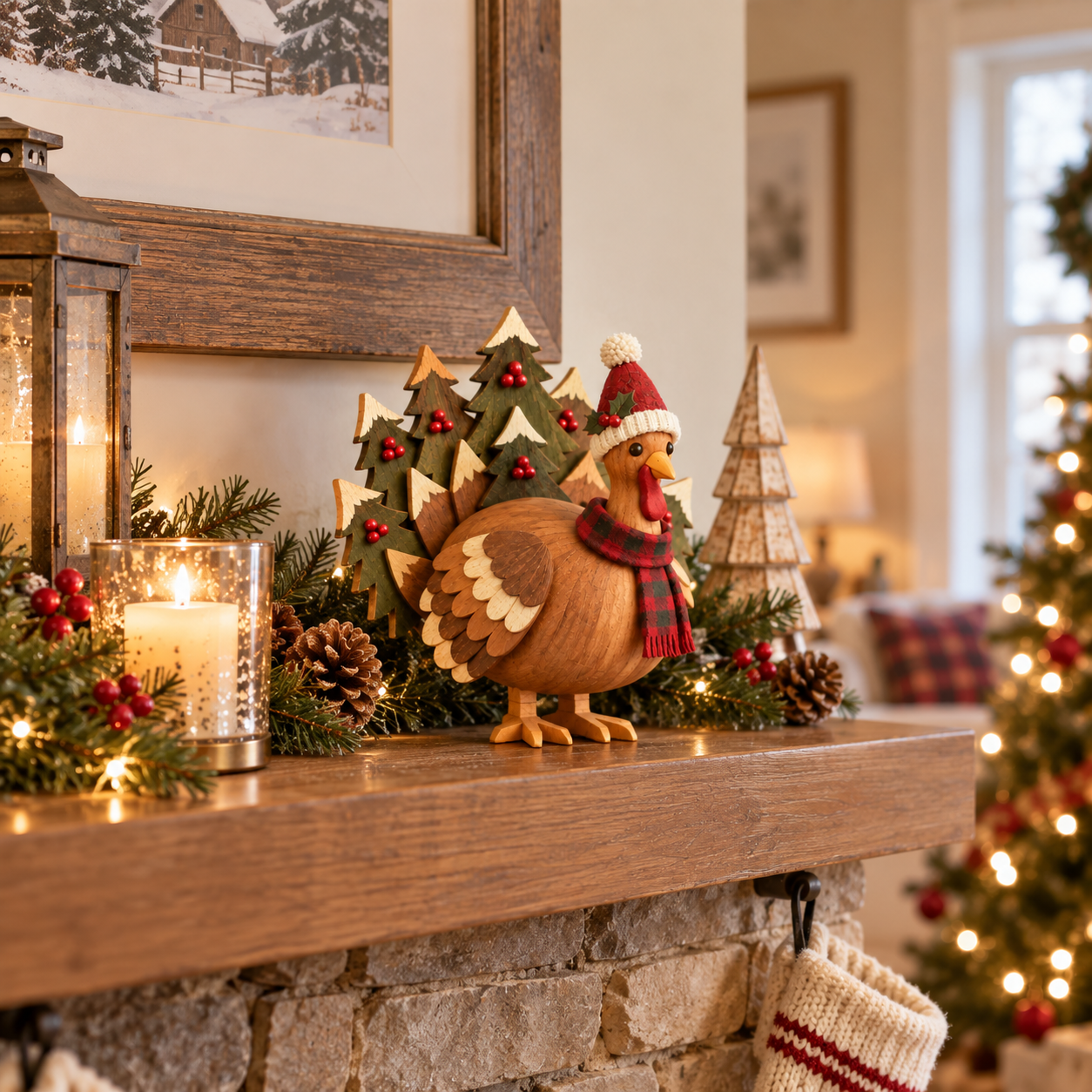 Rustic Wooden Christmas Turkey Figurine with Santa Hat🦃🎄